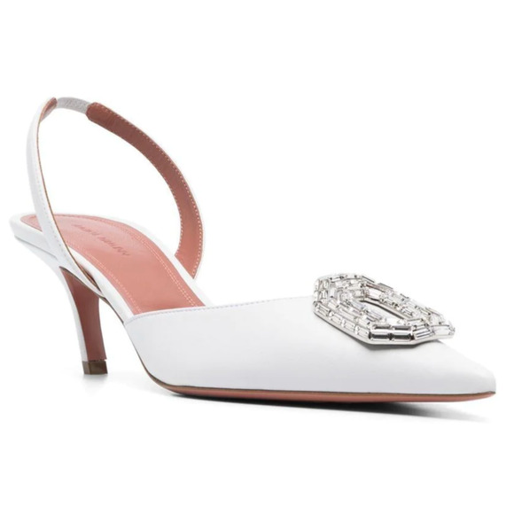 Amina Muaddi Camelia Sling 60 White Leather Crystal Slingback Low Heel Pump 39 - Picture 3 of 12